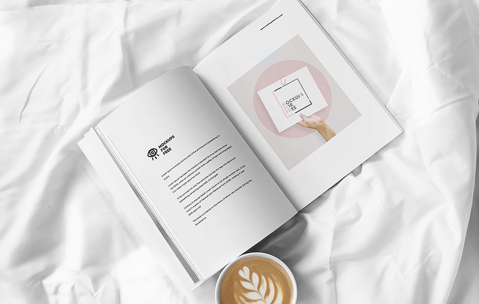 Download Magazine on White Bed PSD Mockup (Free) by Mockups For Free