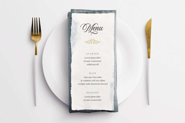White Wedding Menu on Table Mockup