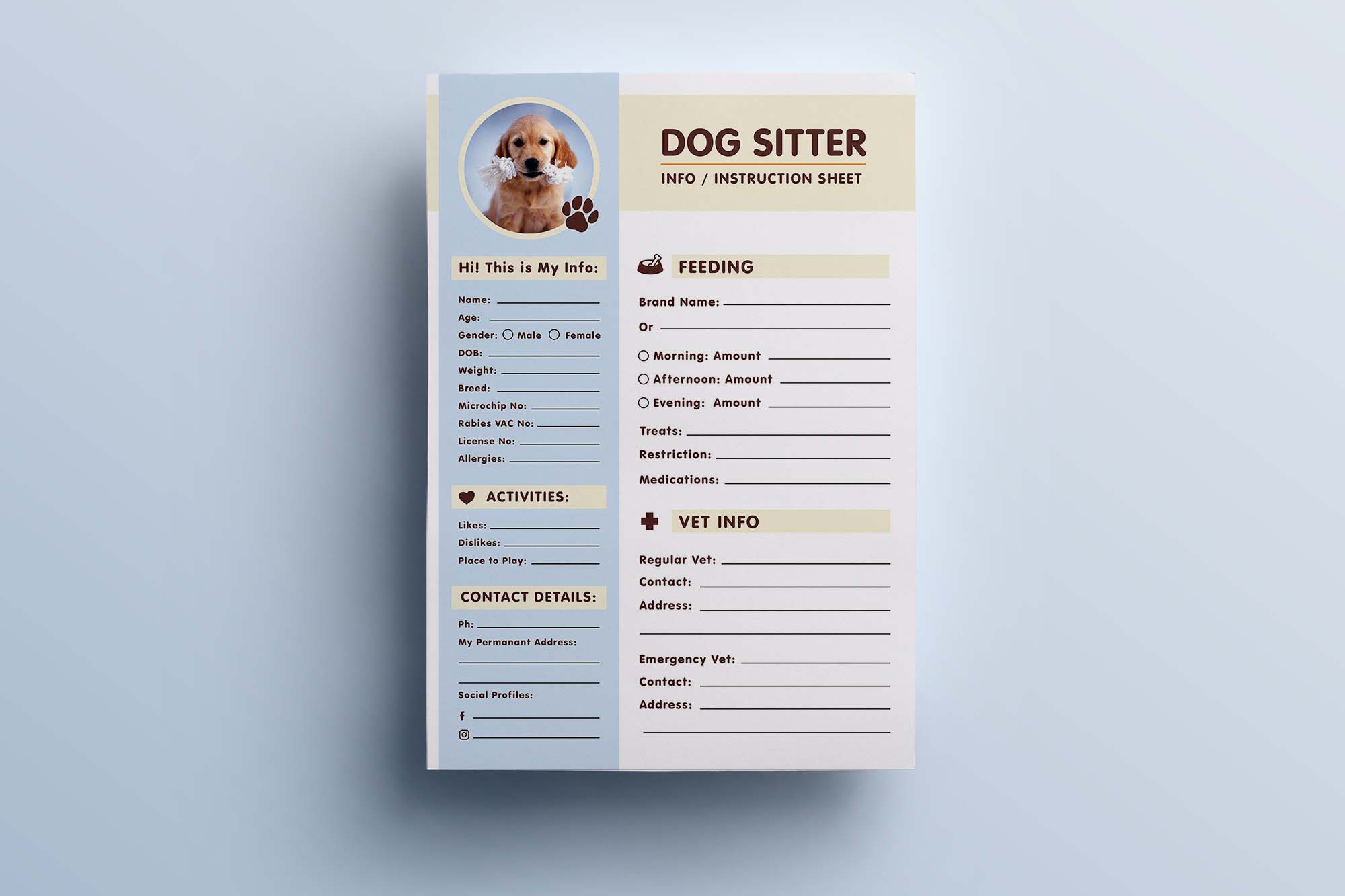 A4 Dog Sitter Information Sheet Template